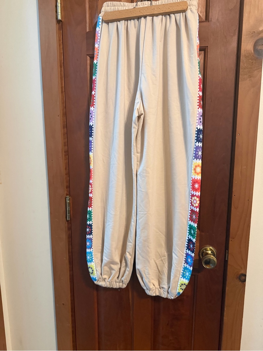 Unbranded Women’s Cream Jogger Pants with Multicolor Crochet Print Side Panel